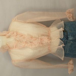 Sheer Jacket Peach Peplum w Ruffle Sexy See Through Top Layering Blouse Feminine